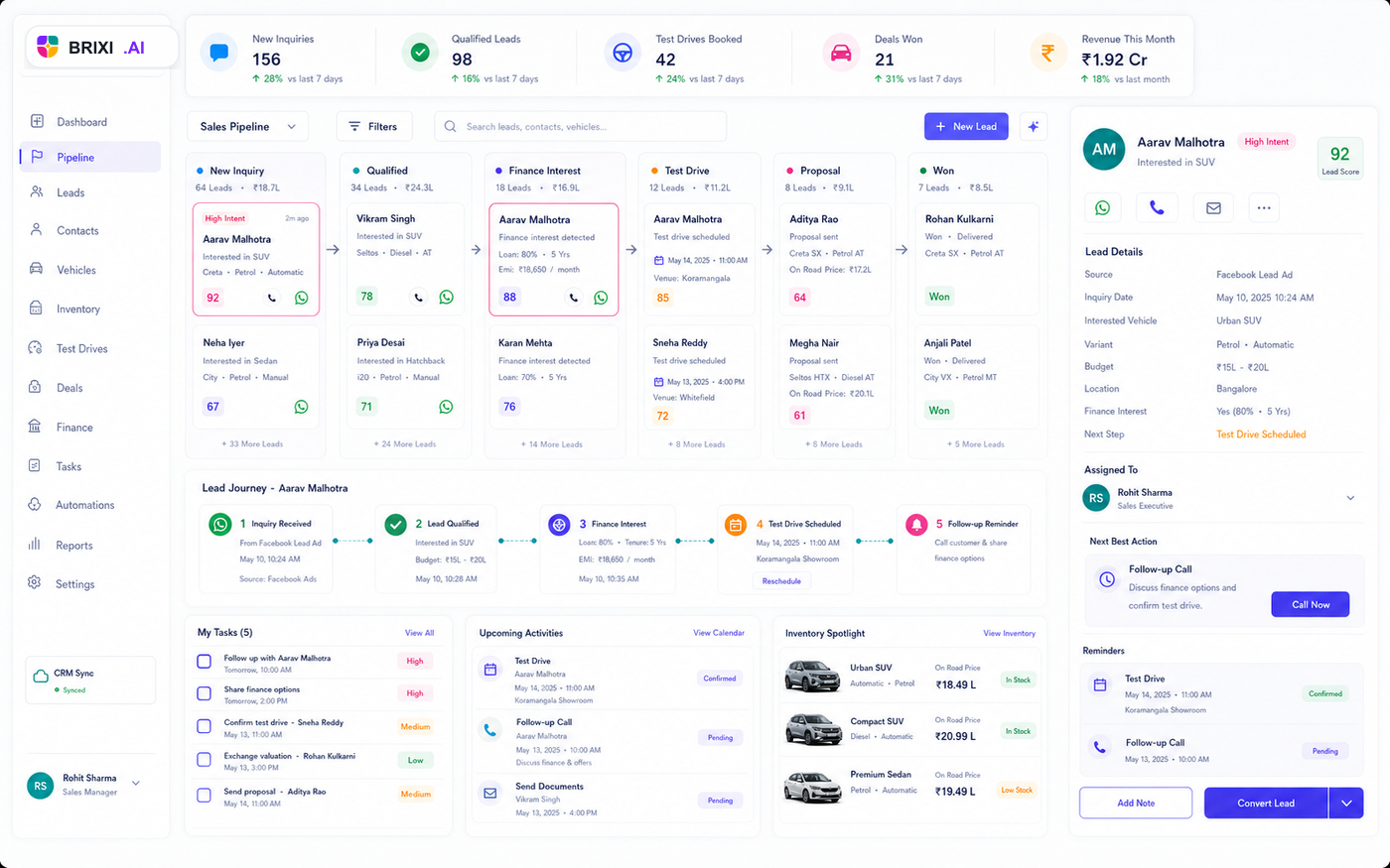 Brixi CRM automotive automation dashboard with vehicle enquiry routing and test drive workflow