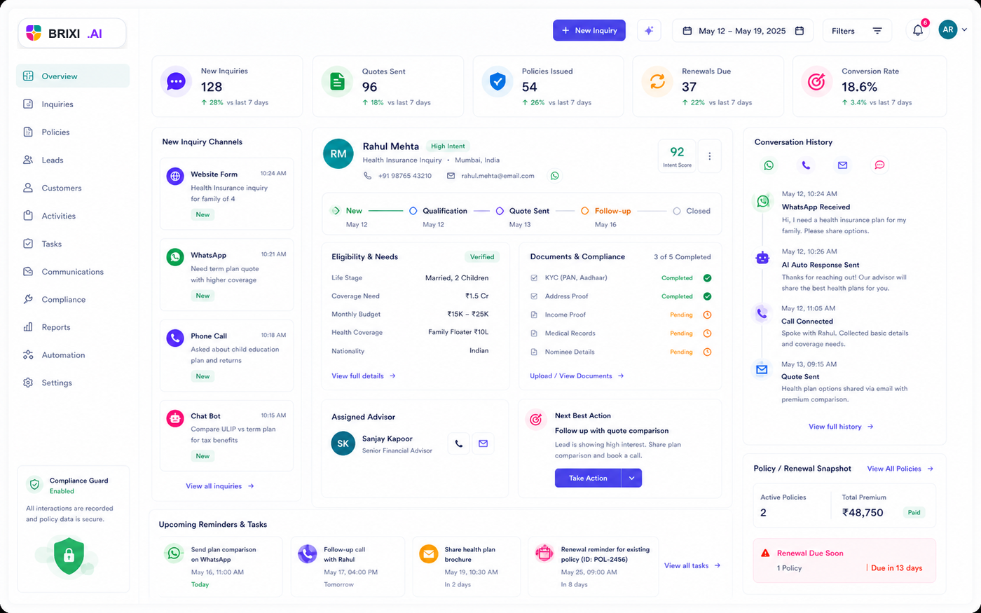 Brixi CRM insurance automation dashboard with advisor routing and quote follow-up workflow