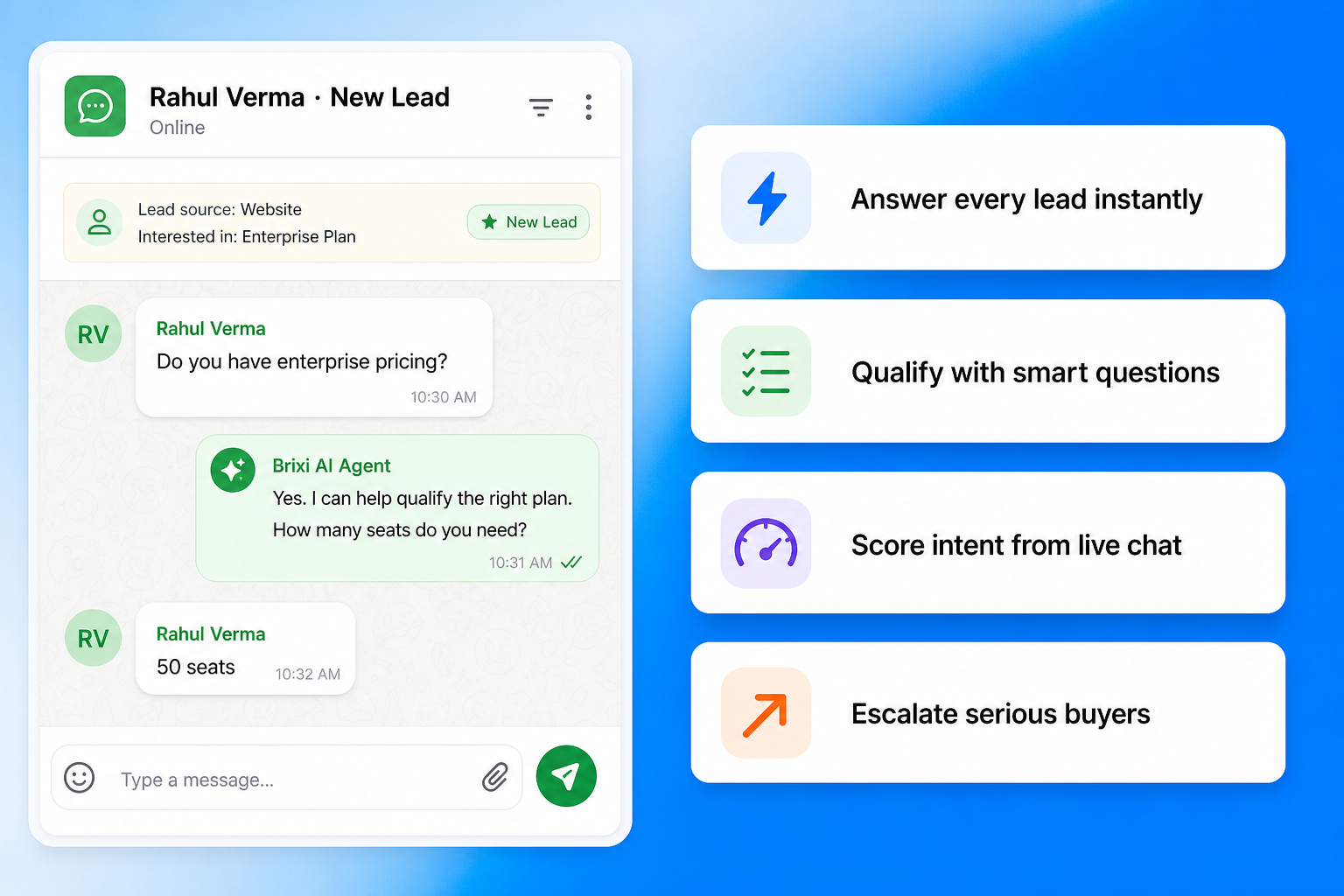 Brixi WhatsApp AI agent qualifying a customer conversation