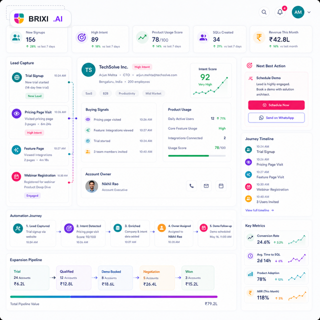 Brixi CRM automation dashboard for SaaS trial signup and B2B demo workflows