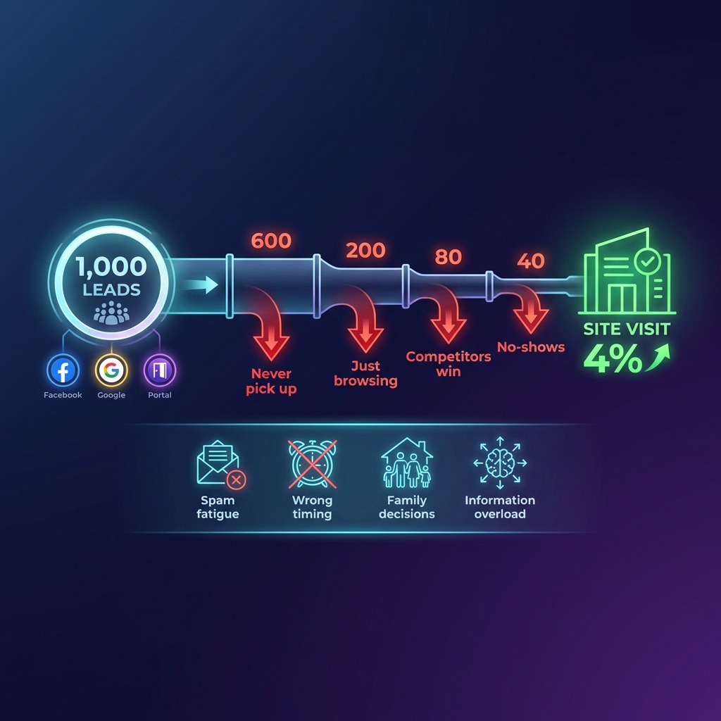 Lead-to-Visit Funnel Breakdown showing 1,000 leads dropping to 40 site visits through 4 stages